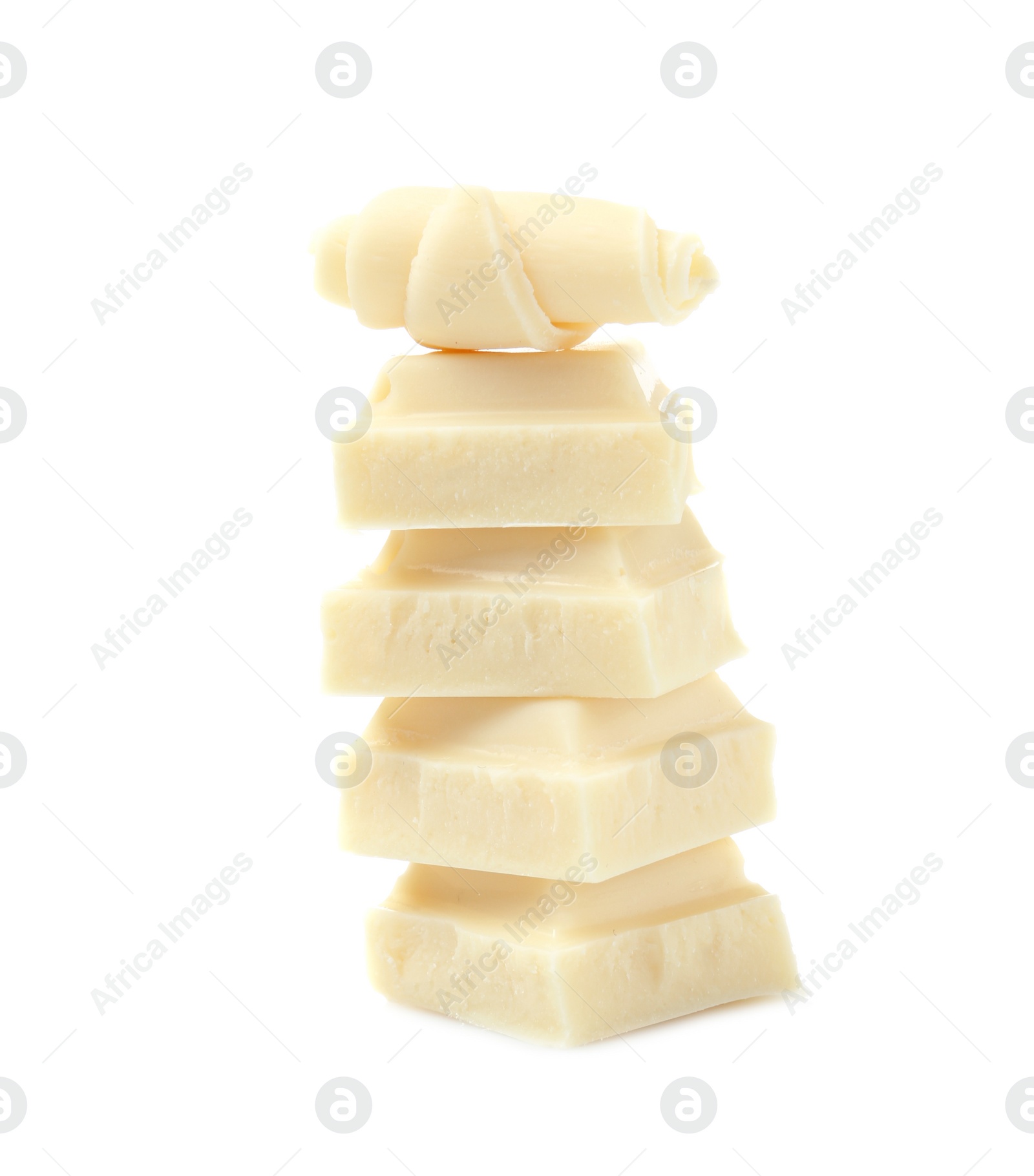 Photo of Yummy chocolate curl and pieces on white background