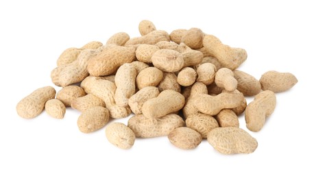 Photo of Pile of fresh unpeeled peanuts isolated on white