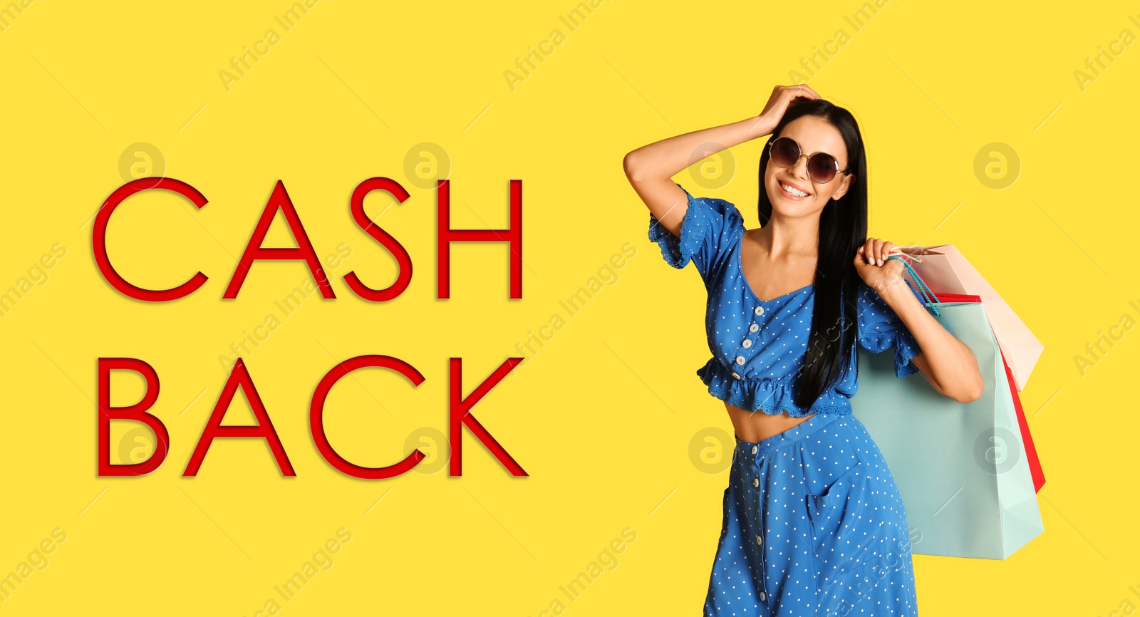 Image of Beautiful woman with shopping bags and words Cash Back on yellow background. Banner design