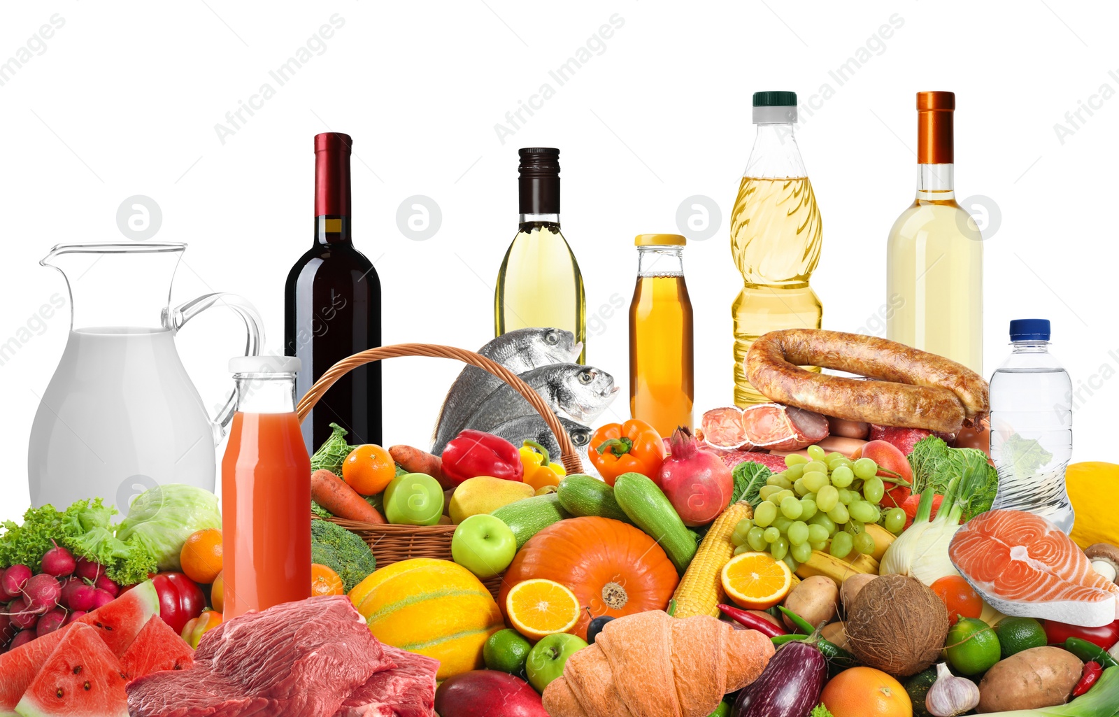 Image of Assortment of fresh organic products on white background. Balanced food