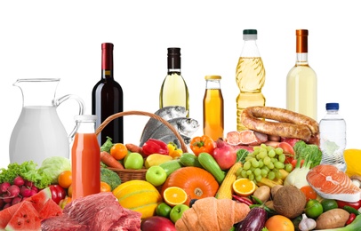 Image of Assortment of fresh organic products on white background. Balanced food