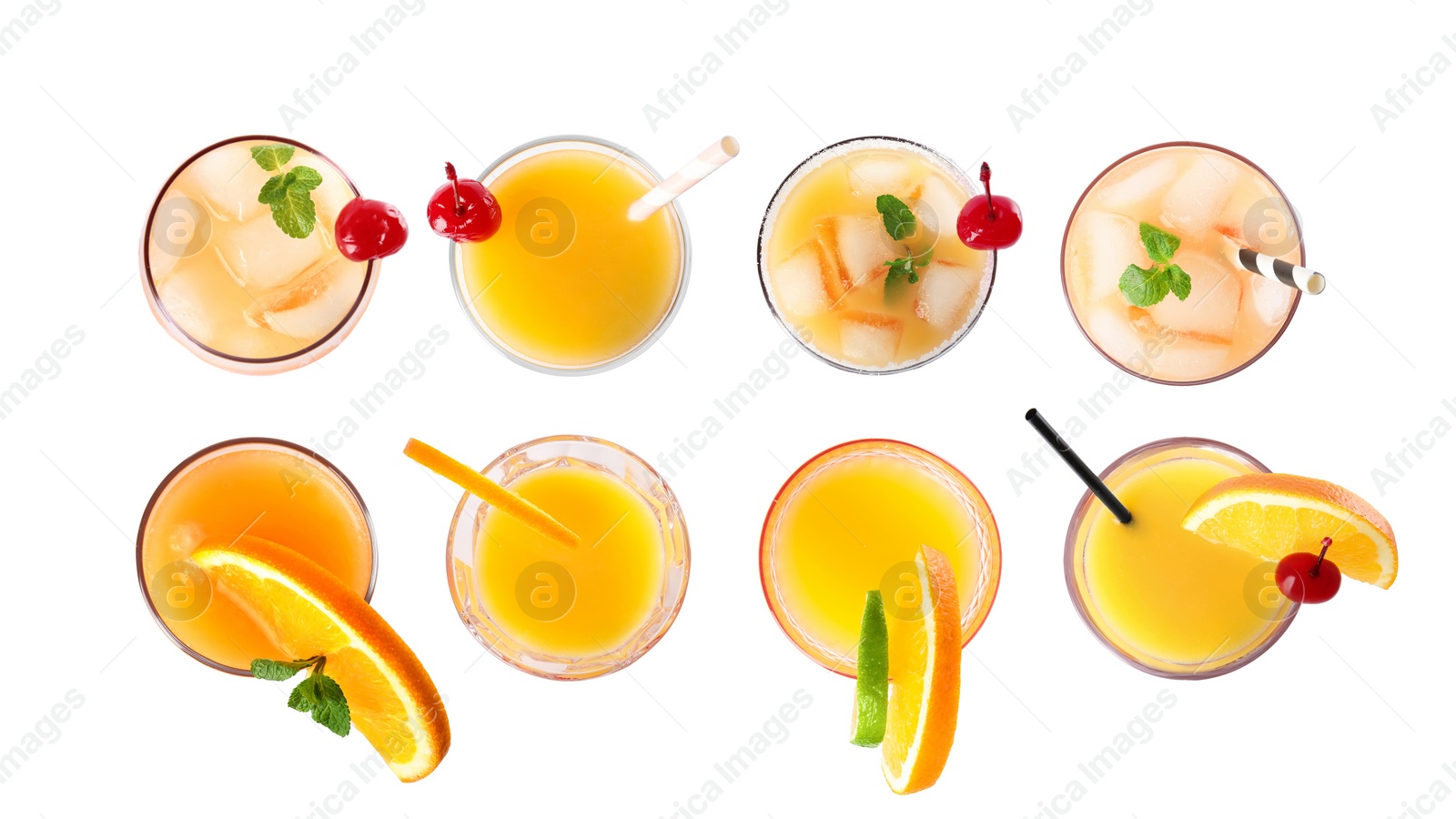 Image of Set of Tequila Sunrise cocktails on white background, top view