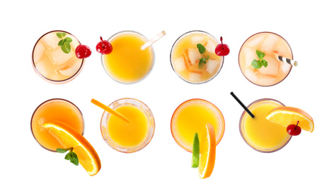 Image of Set of Tequila Sunrise cocktails on white background, top view