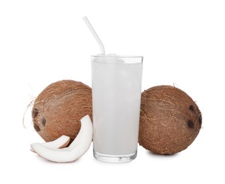 Glass of coconut water, ice cubes and nuts isolated on white