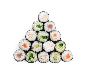 Delicious sushi rolls on white background, top view