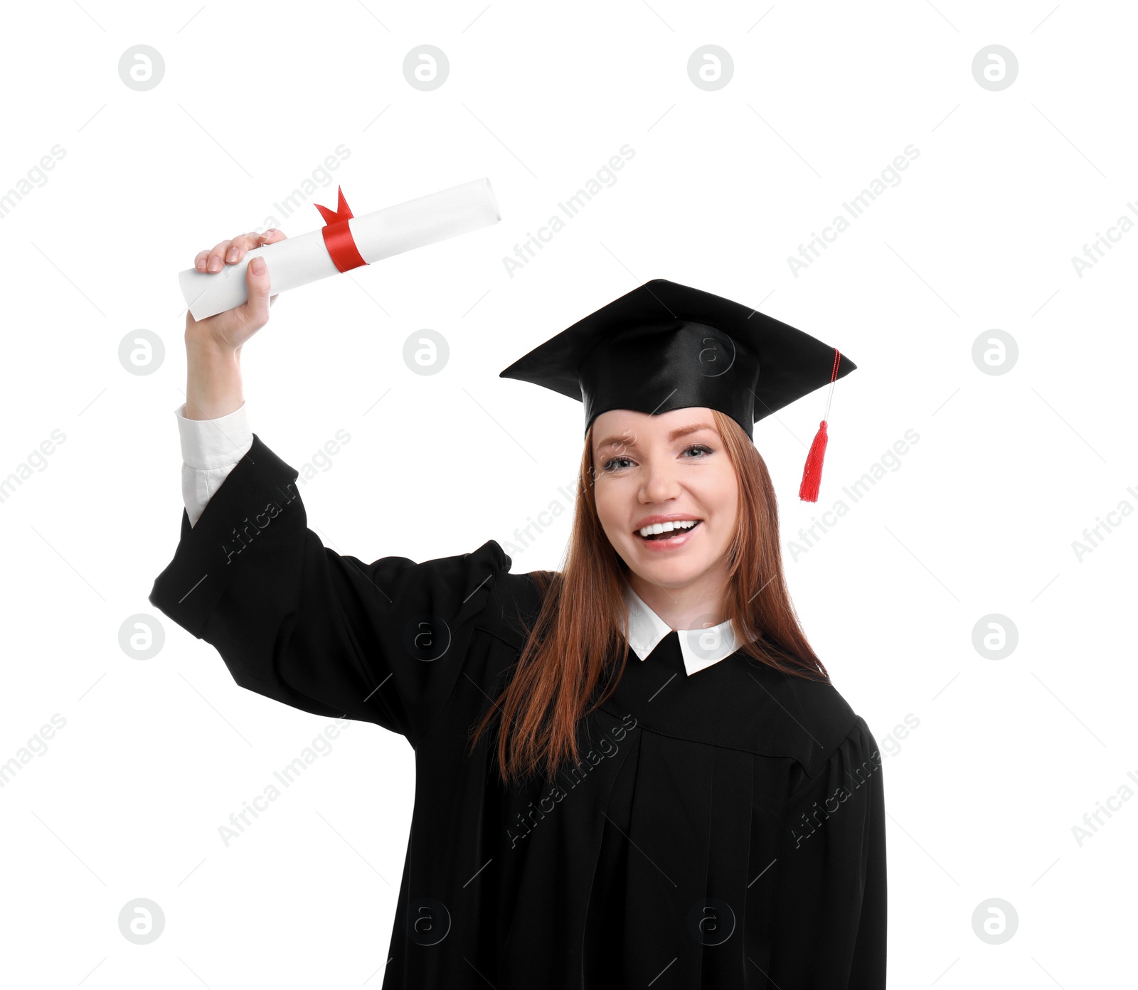 Photo of Happy student with graduation hat and diploma on white background