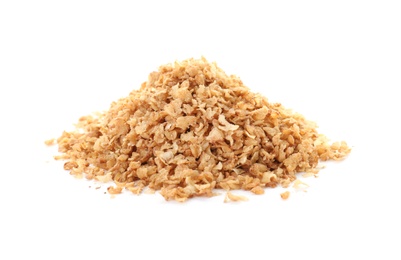 Buckwheat flakes on white background. Healthy grains and cereals