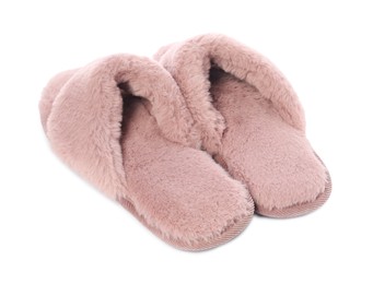 Photo of Pair of pink soft slippers isolated on white