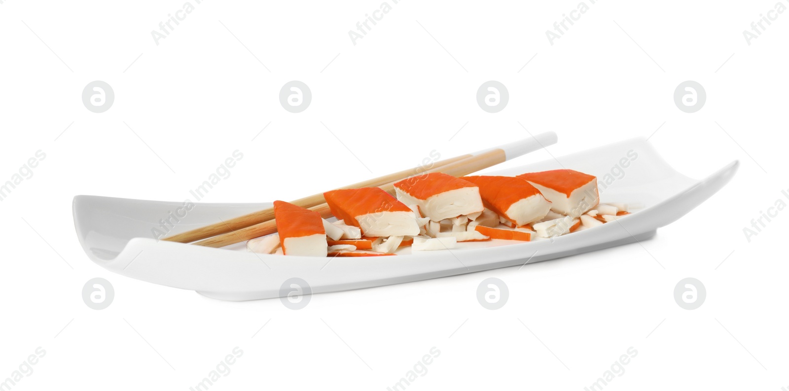 Photo of Fresh delicious crab sticks on white background