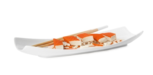 Photo of Fresh delicious crab sticks on white background