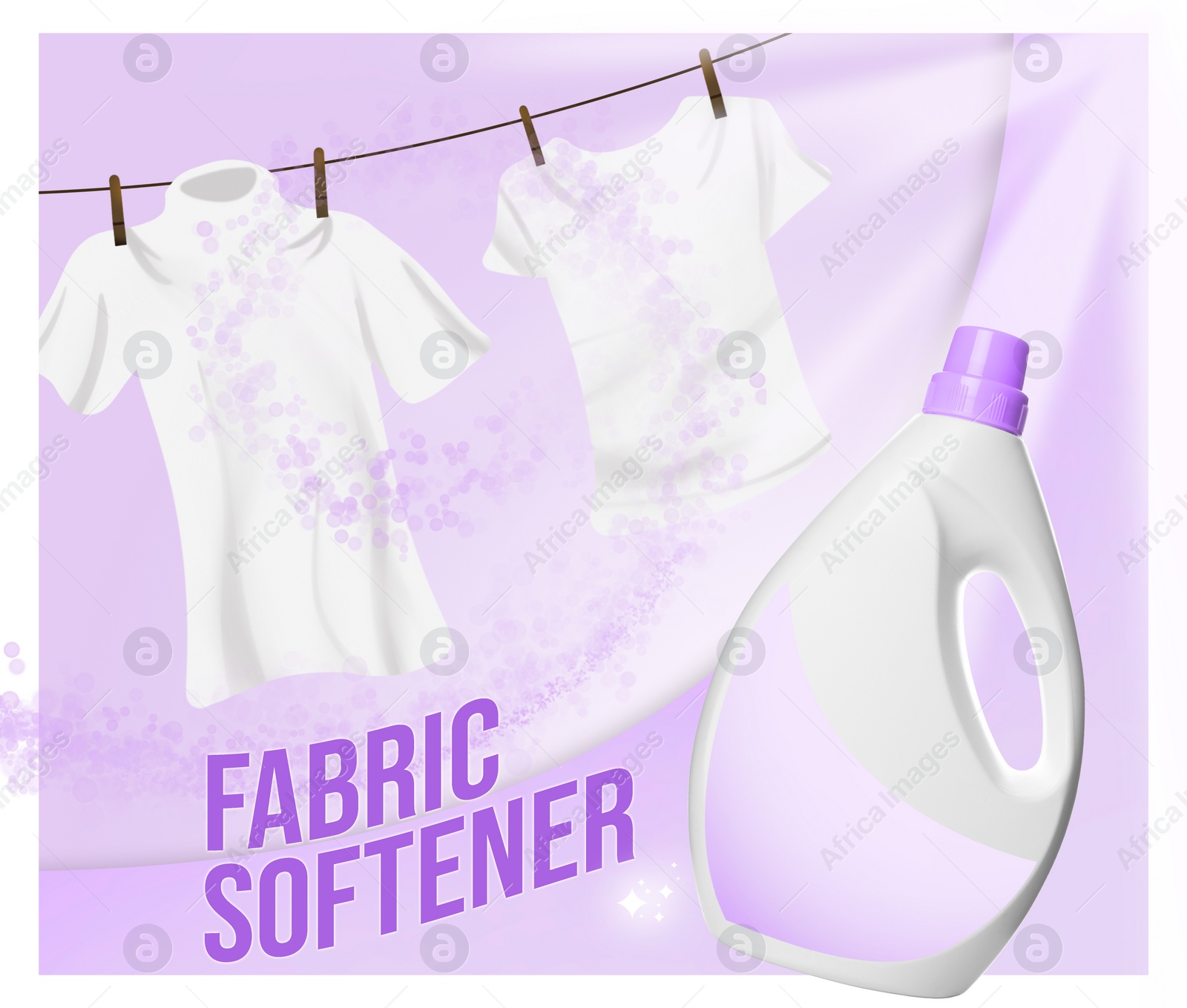 Image of Fabric softener advertising design. Bottle of conditioner and rope with drying laundry on violet background