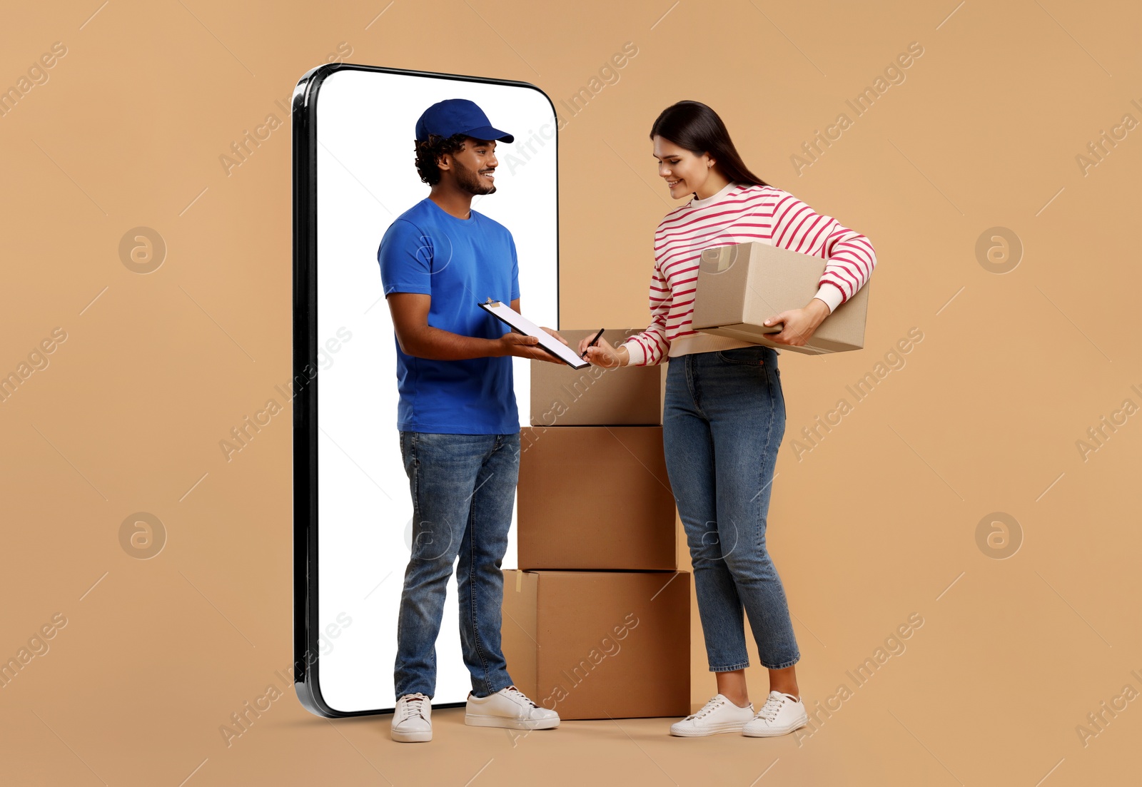 Image of Courier delivering parcels to woman near huge smartphone on dark beige background