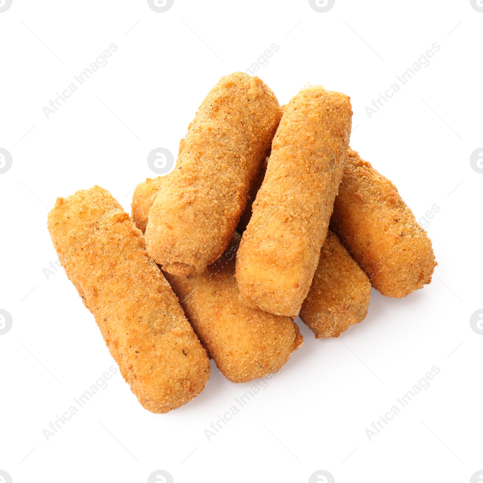 Photo of Tasty crispy cheese sticks on white background