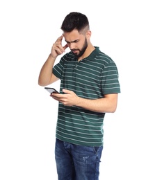 Photo of Portrait of handsome young man with mobile phone on white background