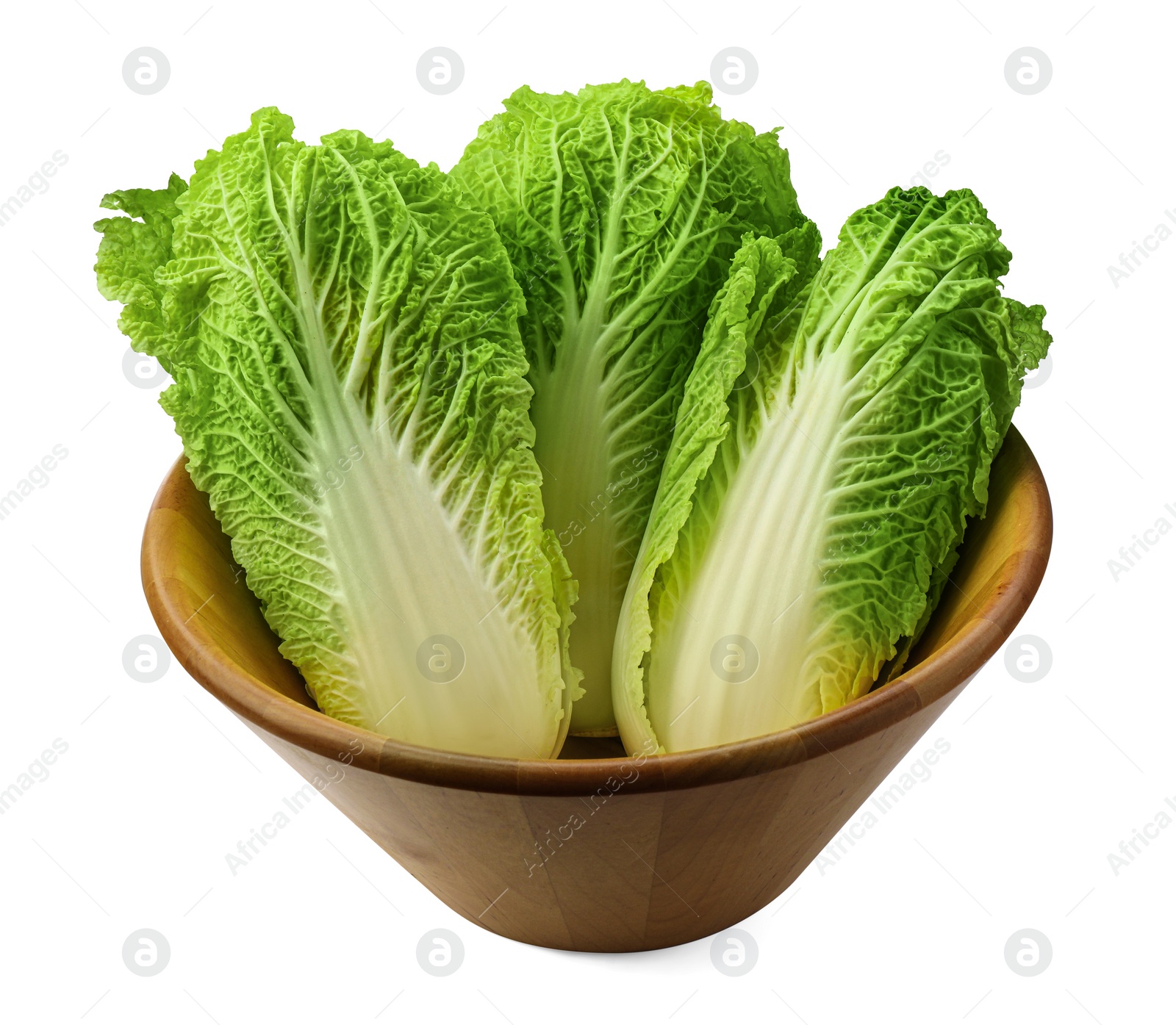 Photo of Fresh tasty Chinese cabbages in bowl on white background