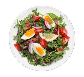 Photo of Delicious salad with boiled eggs, vegetables and bacon isolated on white, top view