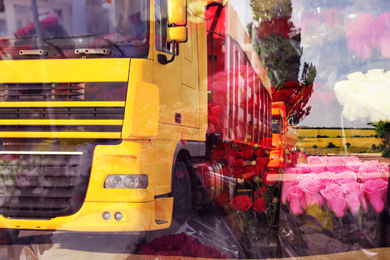 Double exposure of truck and flowers. Wholesale concept