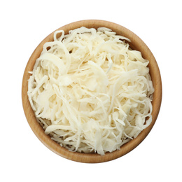Photo of Wooden bowl of tasty fermented cabbage isolated on white, top view