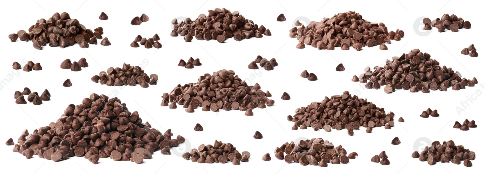 Image of Set of tasty chocolate chips on white background