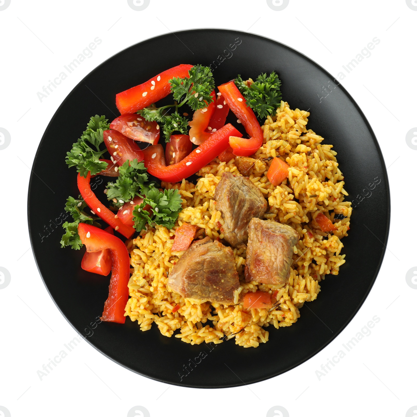 Photo of Plate with rice pilaf and meat on white background, top view