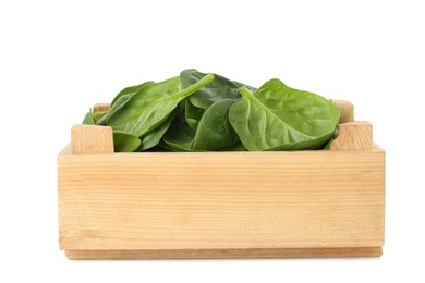 Photo of Crate of spinach leaves isolated on white