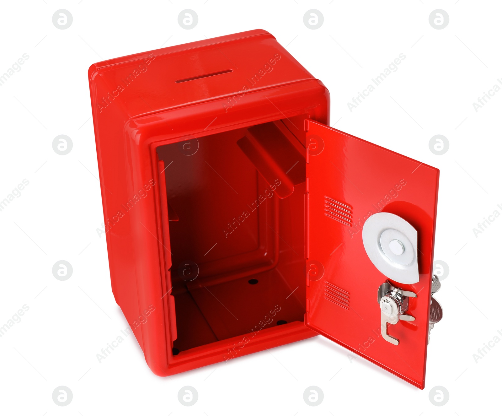 Photo of Open red steel safe isolated on white