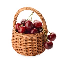 Photo of Wicker basket with ripe sweet cherries isolated on white