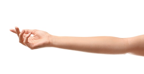 Photo of Young woman holding something on white background, closeup