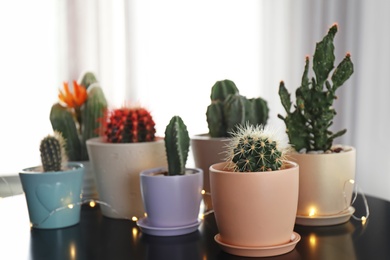 Photo of Beautiful cacti in flowerpots and electric garland on table