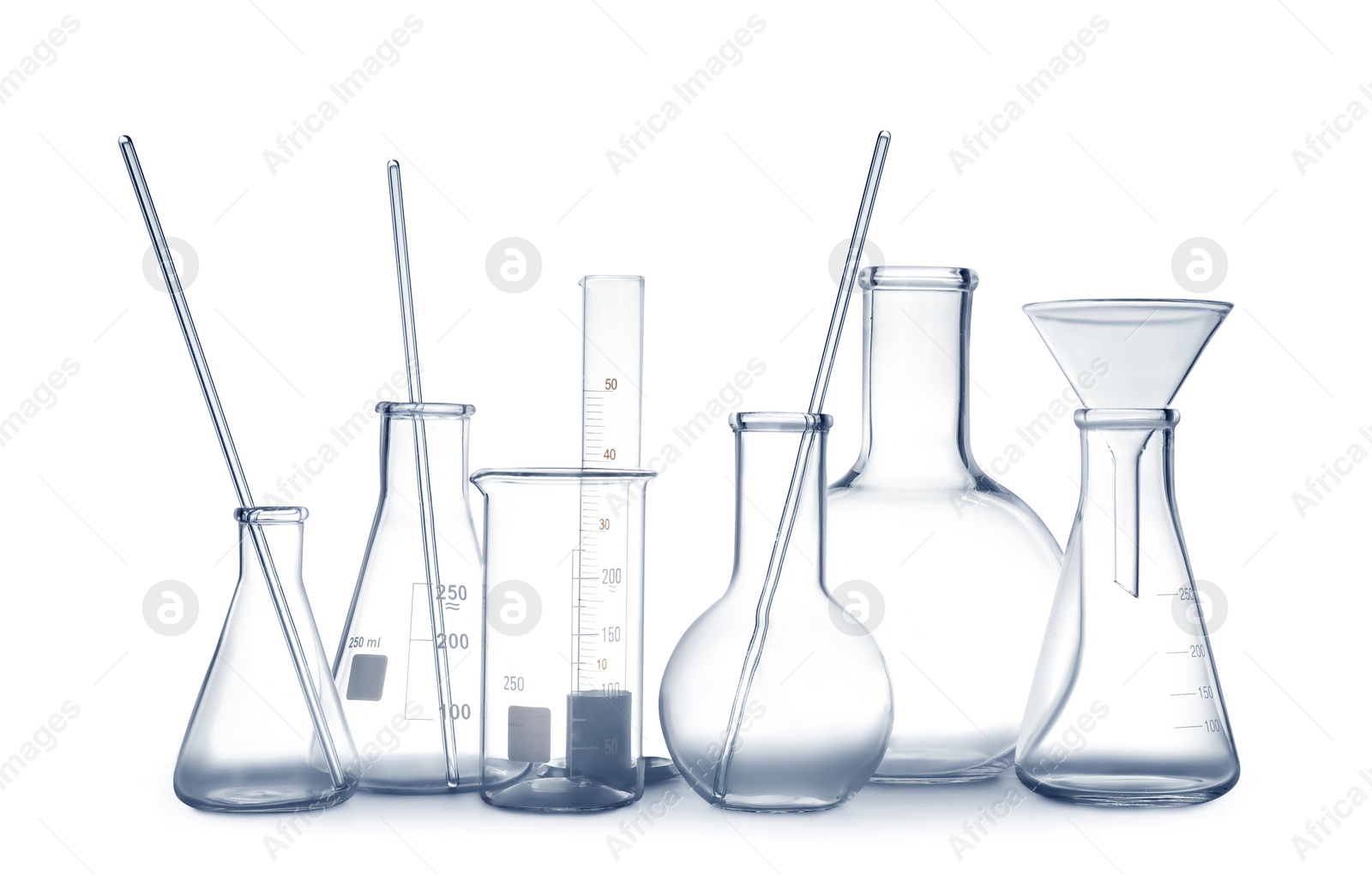 Photo of Empty clean laboratory glassware on white background