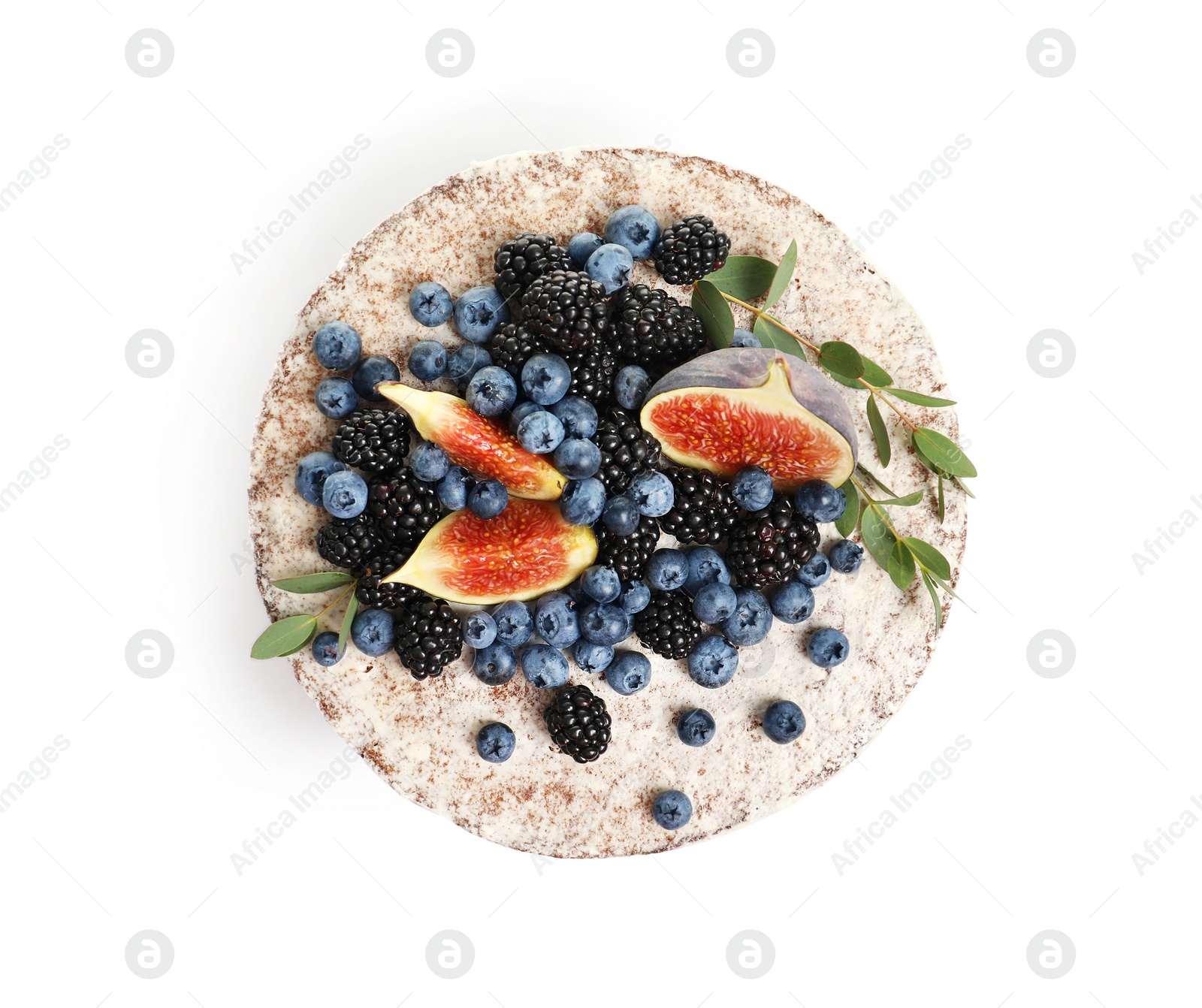 Photo of Delicious homemade cake with fresh berries on white background