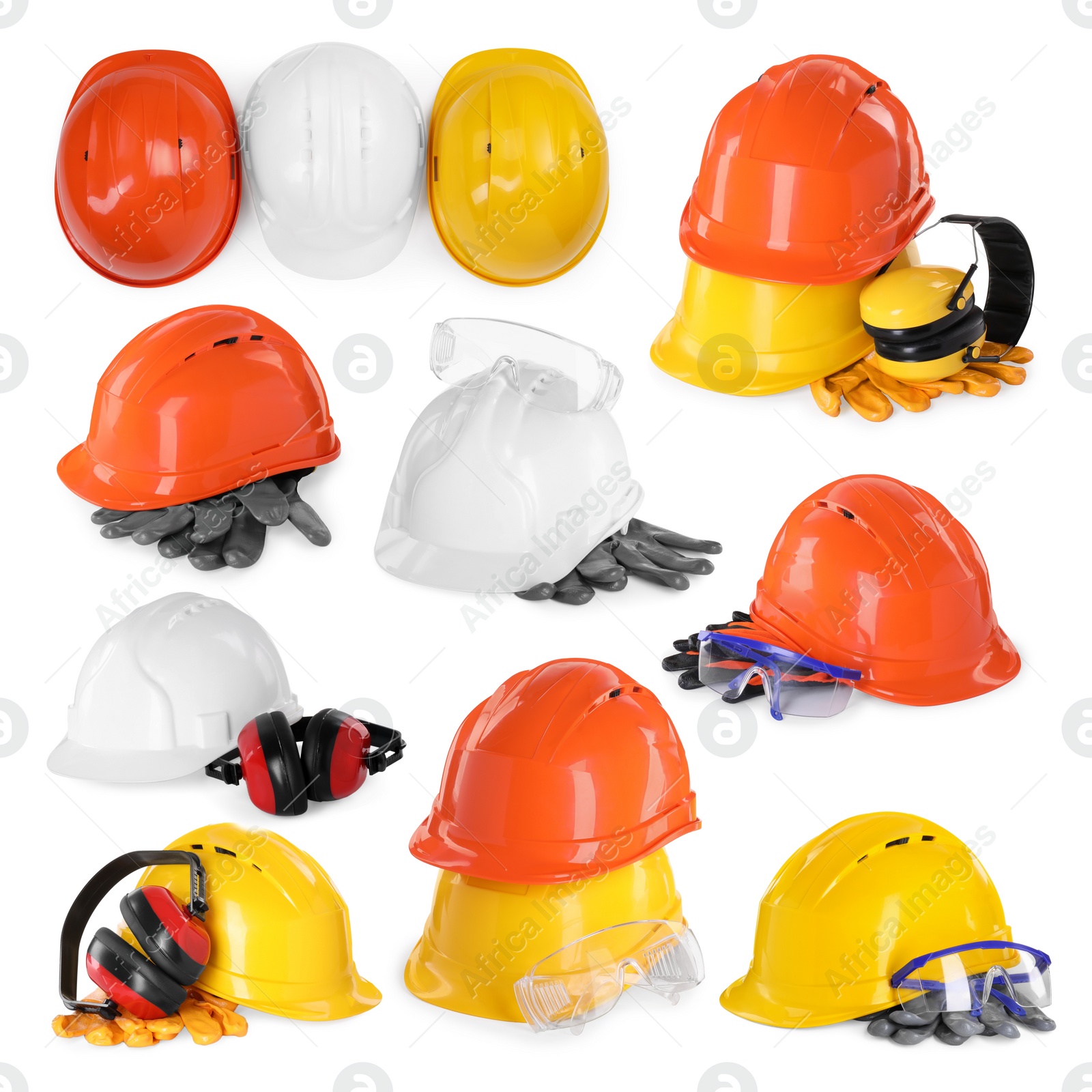 Image of Safety equipment, collection. Hard hats, gloves, protective headphones and goggles isolated on white