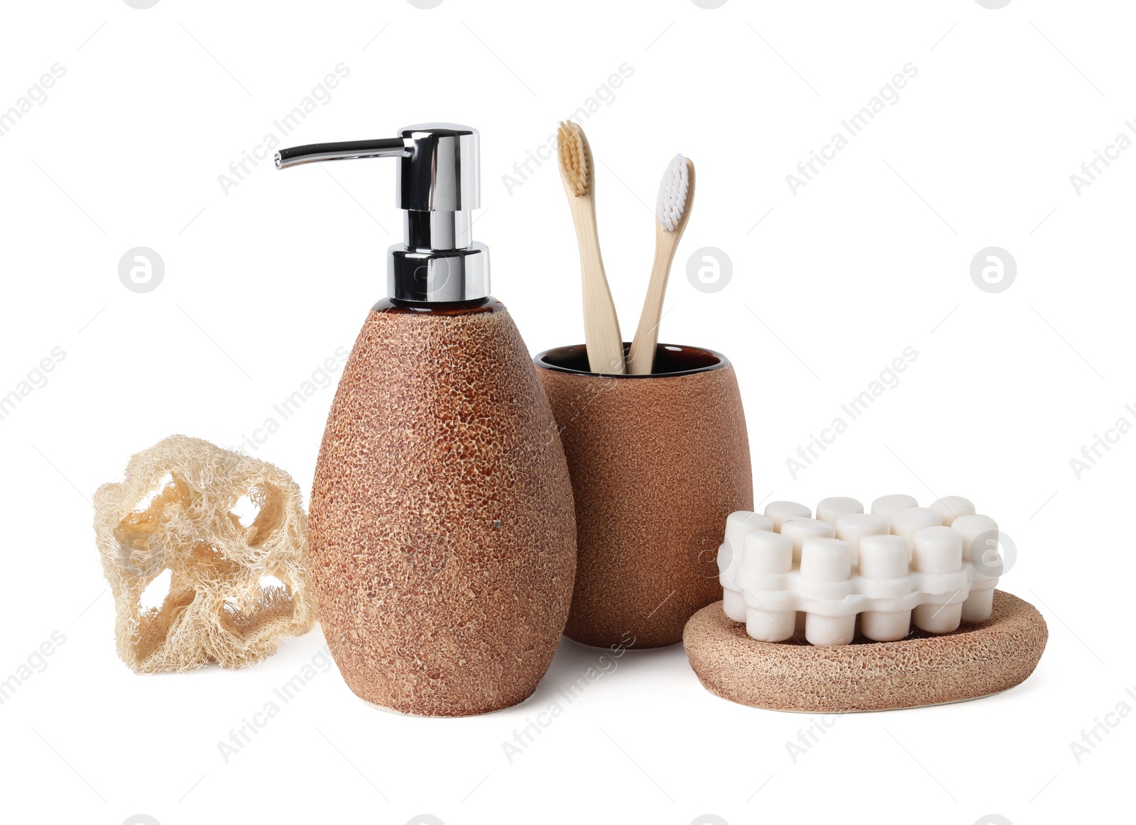 Photo of Bath accessories. Set of different personal care products isolated on white