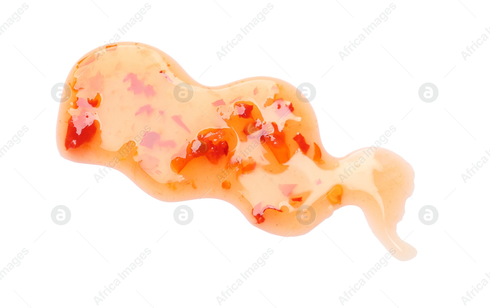 Photo of Delicious sweet chili sauce on white background, top view