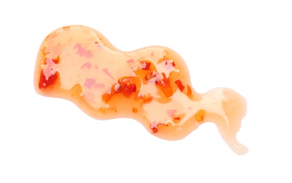 Photo of Delicious sweet chili sauce on white background, top view