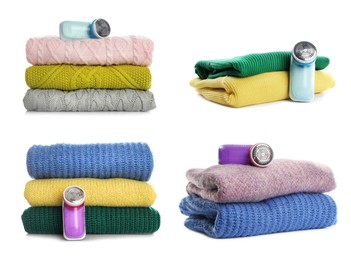 Image of Fabric shavers and woolen clothes on white background, collage 