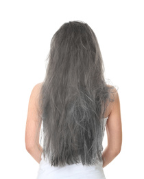Image of Woman with tangled gray hair on white background, back view