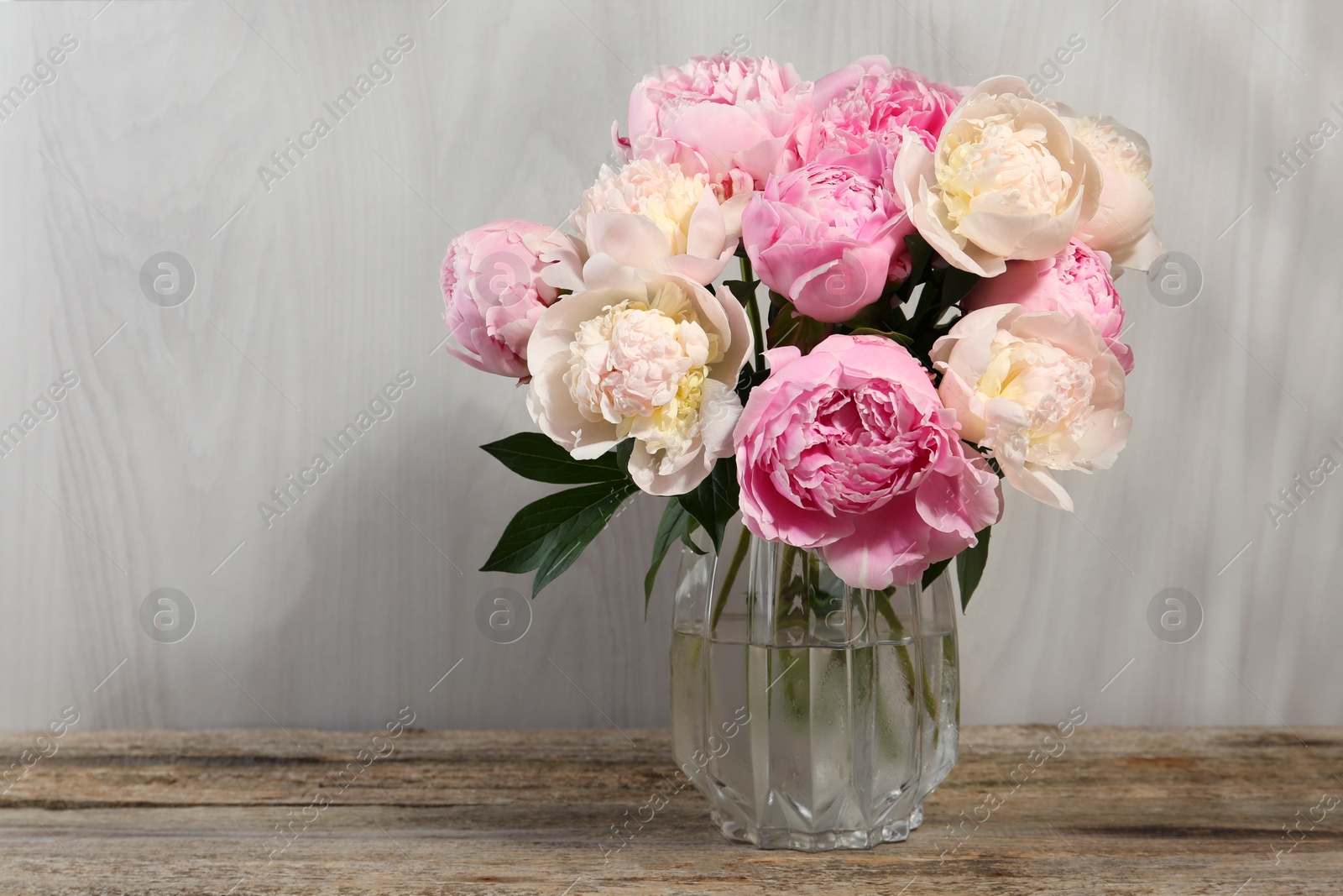 Photo of Beautiful peonies in vase on wooden table, space for text