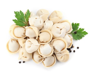 Raw dumplings on white background, top view. Home cooking