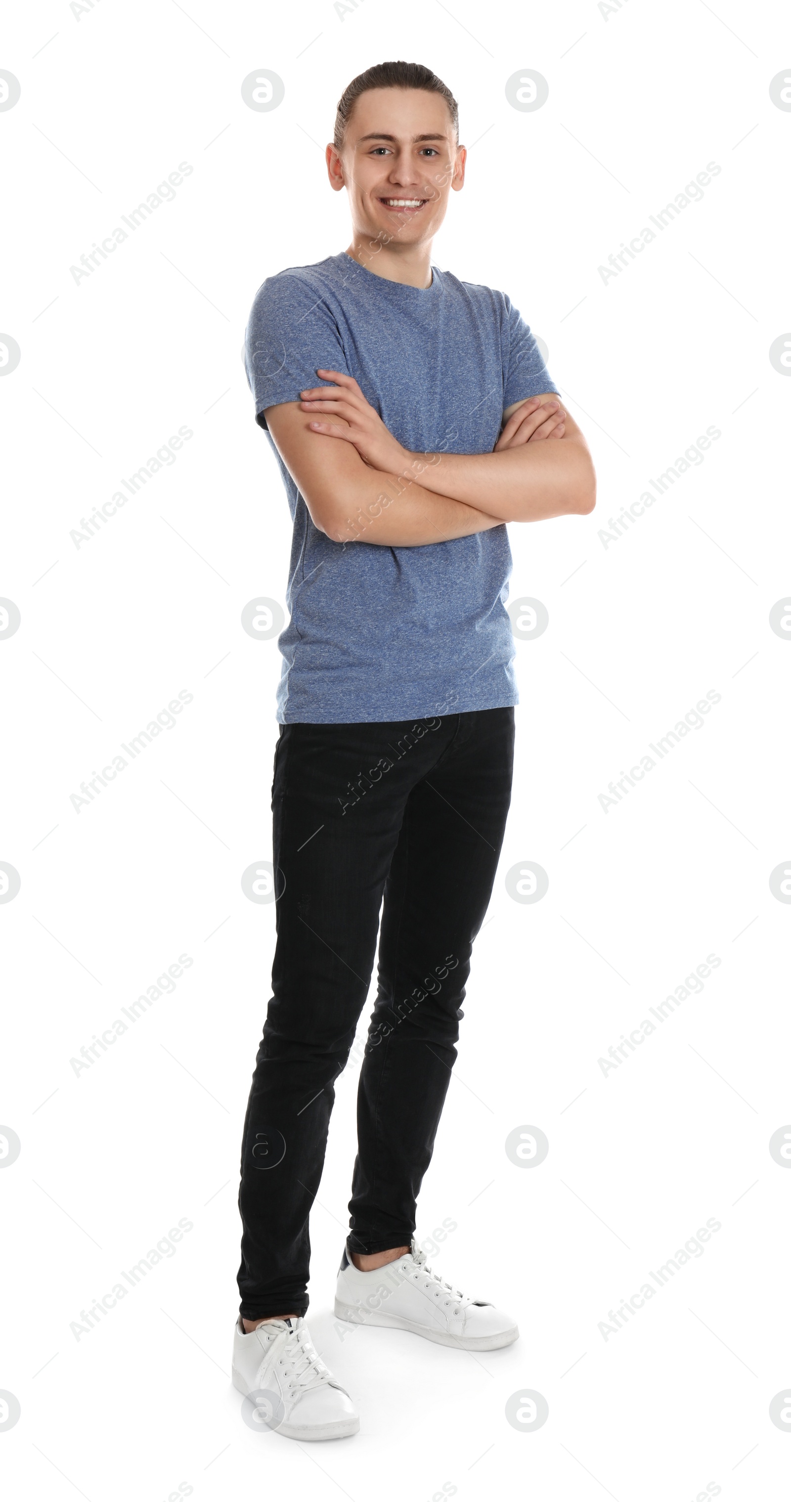 Photo of Full length portrait of happy young man on white background