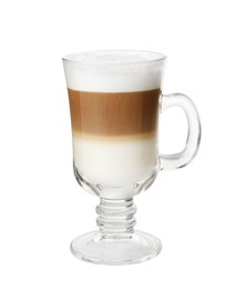 Photo of Hot coffee with milk in glass cup isolated on white