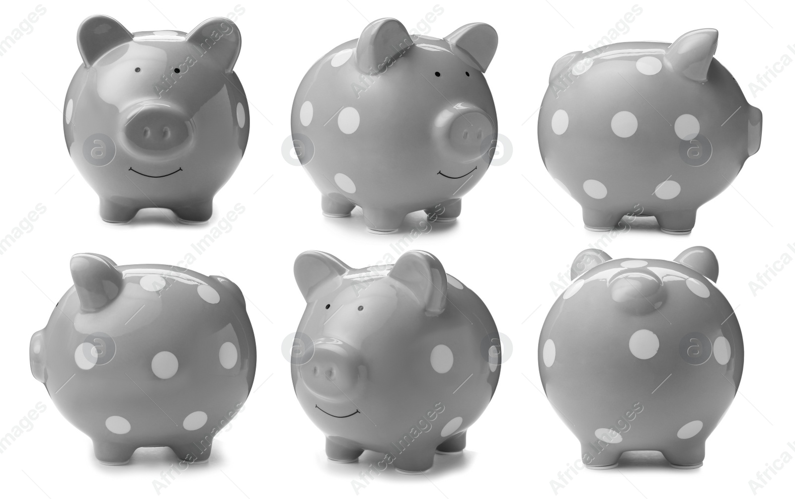 Set with grey piggy bank on white background Image of Set with grey piggy bank on white background
