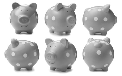 Image of Set with grey piggy bank on white background 