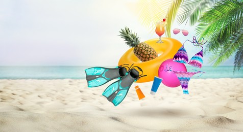 Image of Pineapple, cocktail and beach accessories flying over sandy beach. Banner design with space for text