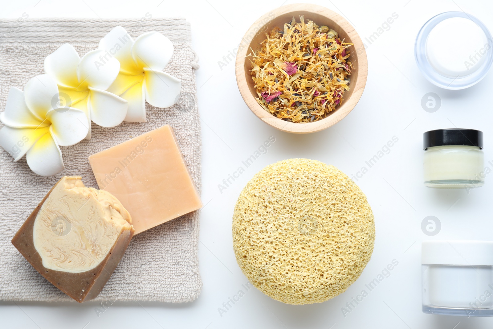 Photo of Bath accessories. Flat lay composition with personal care products on white background