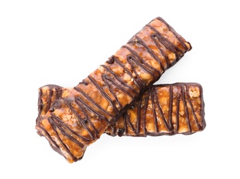 Image of Tasty granola bars with chocolate on white background, top view