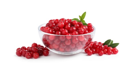 Photo of Fresh ripe cranberries with leaves on white background