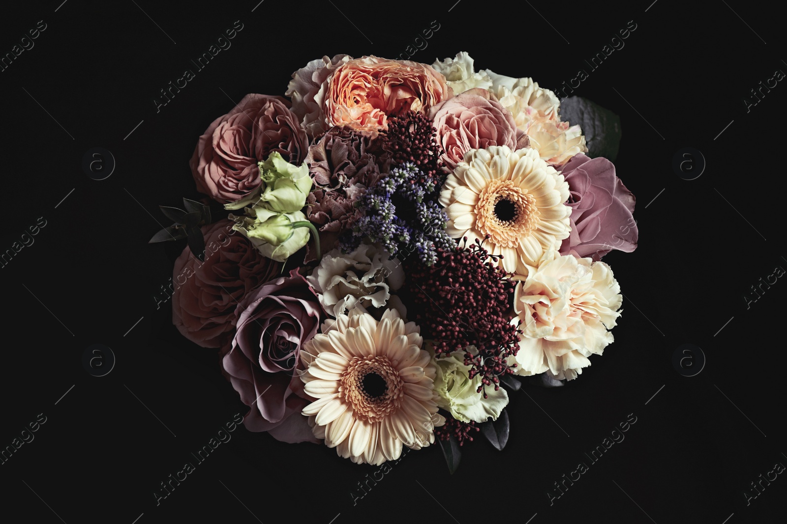 Photo of Beautiful bouquet on black background. Floral card design with dark vintage effect