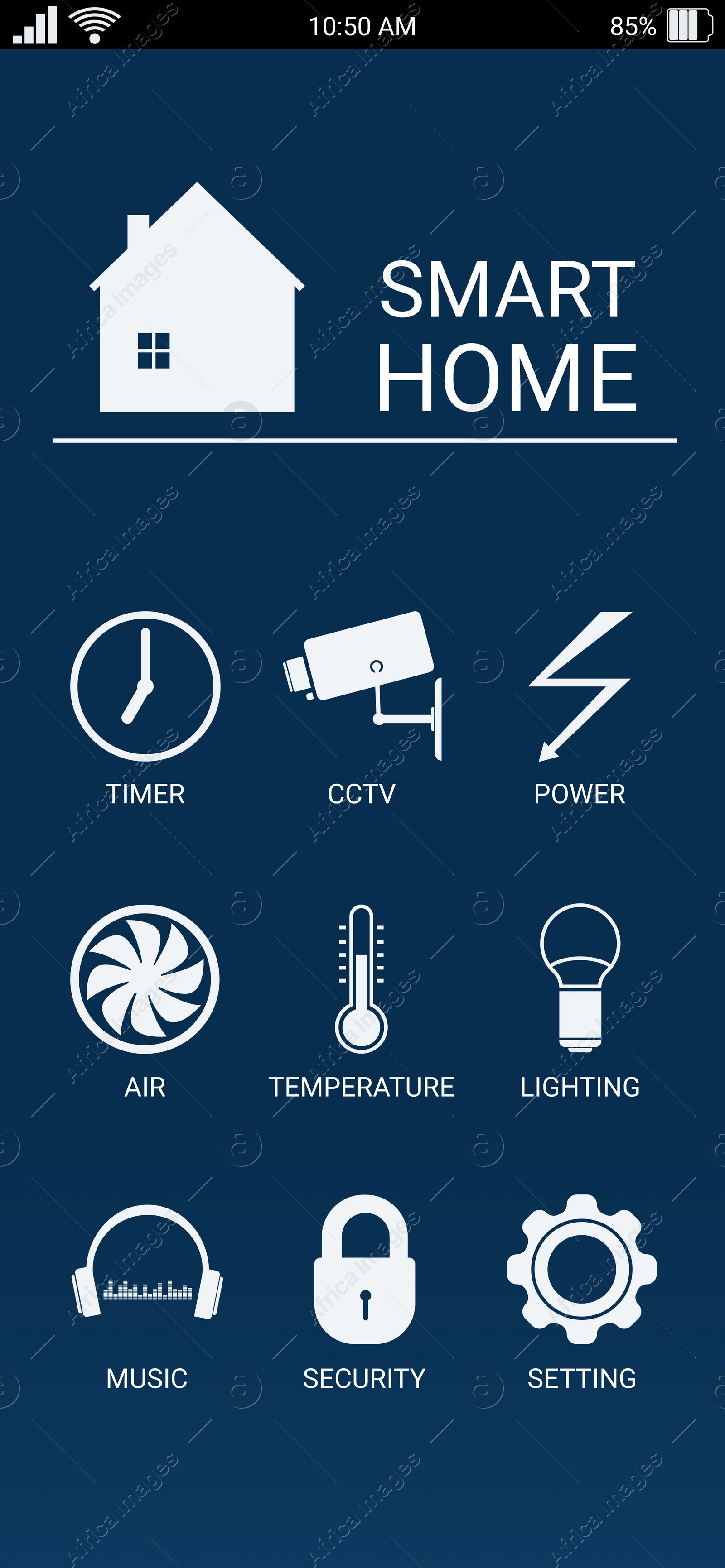 Illustration of Screen of mobile phone with SMART HOME app, illustration. Automatic technology