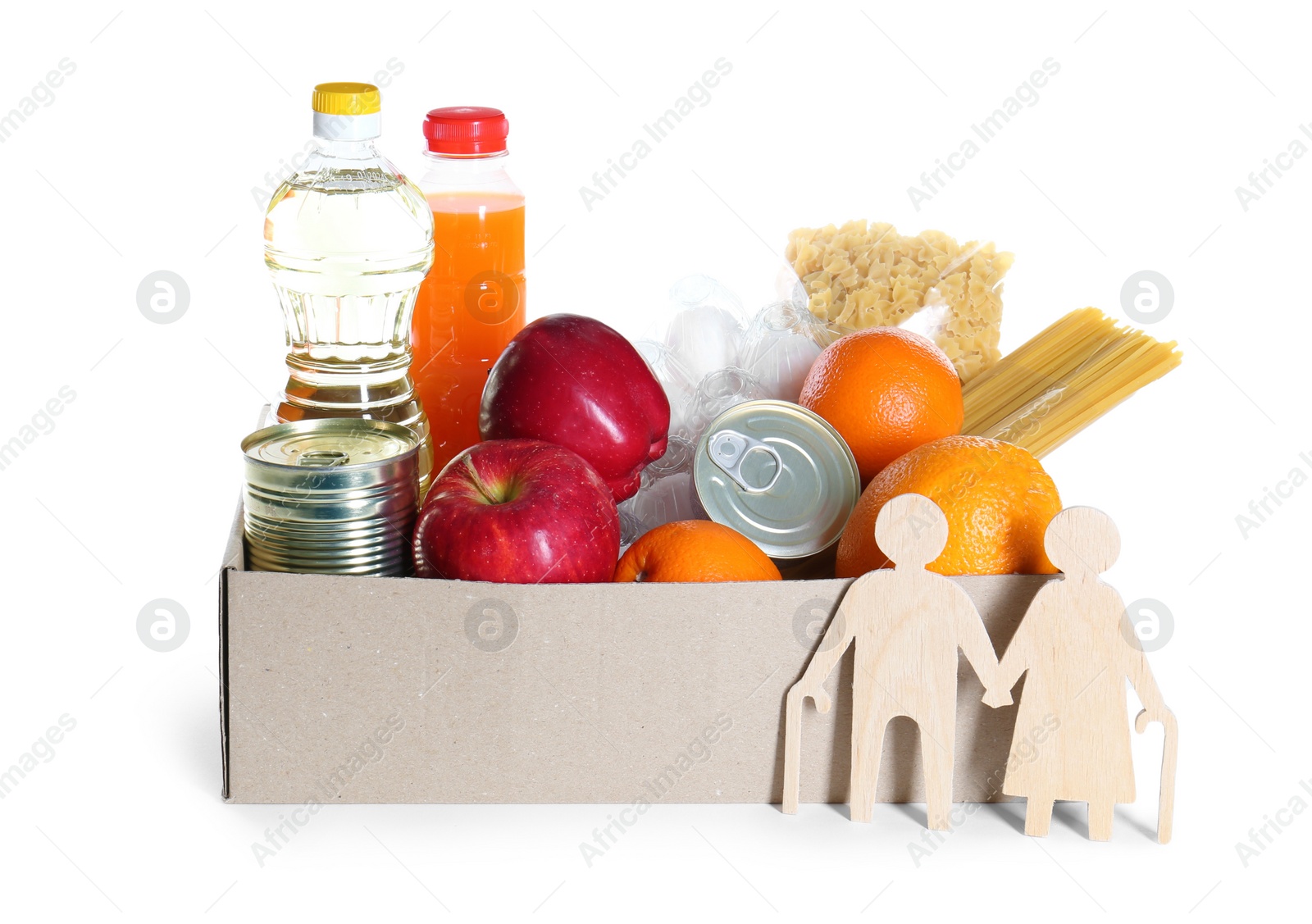 Photo of Humanitarian aid for elderly people. Different donation food and figures of senior couple isolated on white